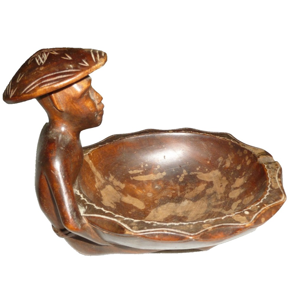 African Folk Art Ashtray Hand Carved Wood Man in Hat Trinket Bowl Excellent